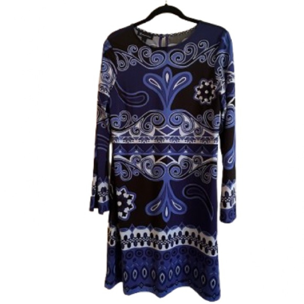 INC International Concepts Blue and Black Long Sleeve Dress Size L